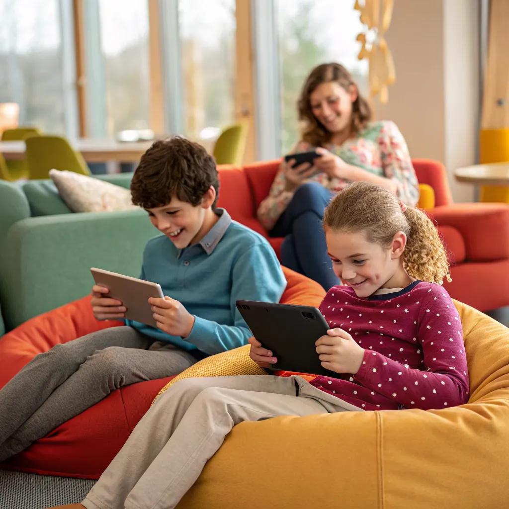 Children enjoying interactive digital games in a family lounge